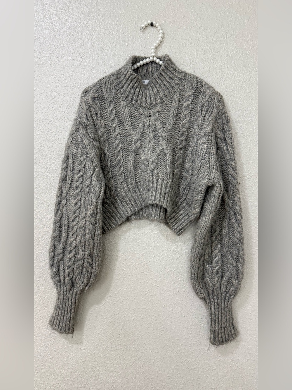 Zara Gray Chunky Cable Knit Cropped Sweater М Balloon Sleeve Wool Blend - Picture 3 of 9